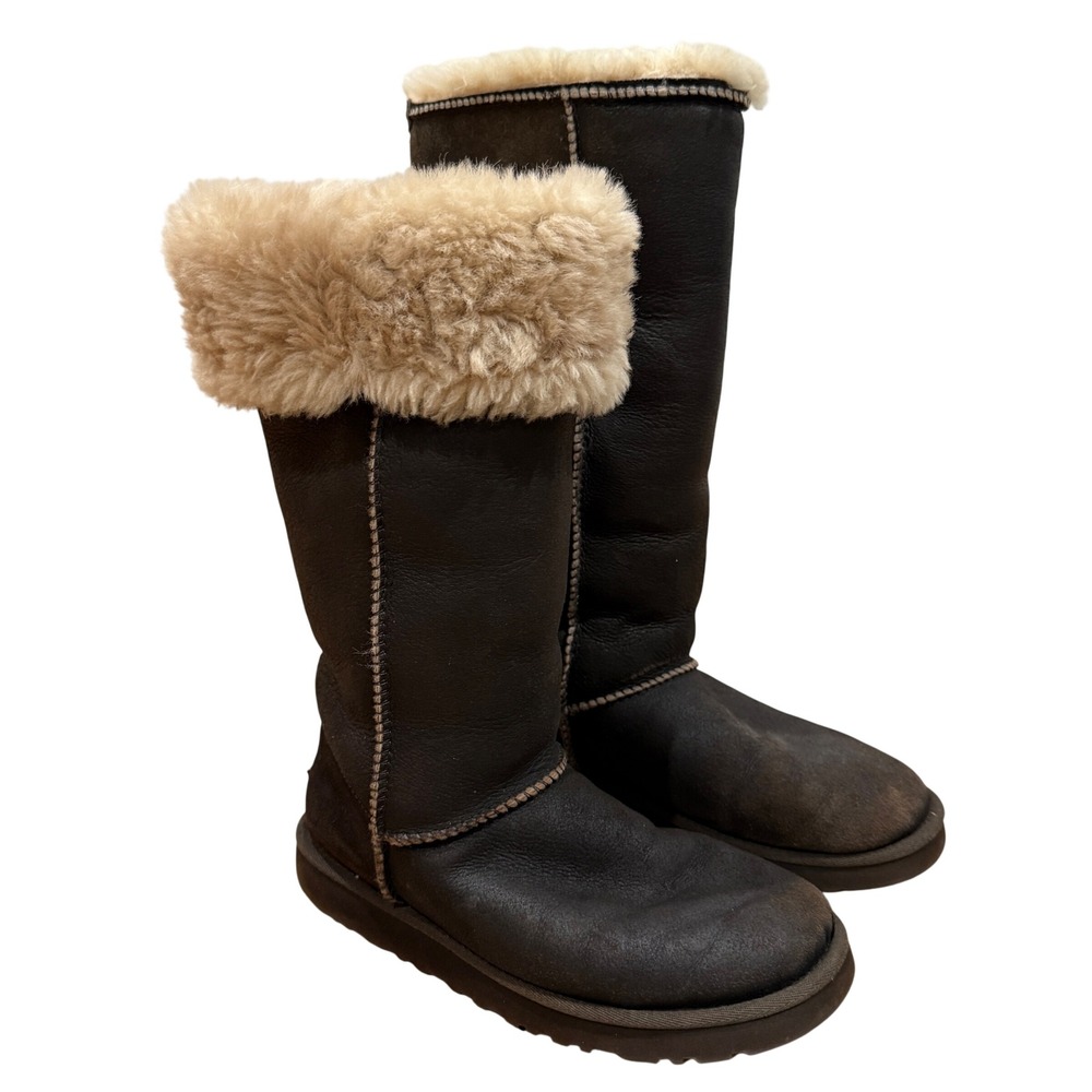 UGG Australia Women‎ Sheepskin Knee Tall Button Boots Sz 7 Dark Chocolate Brown